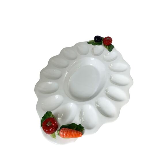 Vintage Italian Pottery Deviled Egg Trays White w/ Porcelain Vegetables on Ends - Picture 4 of 6